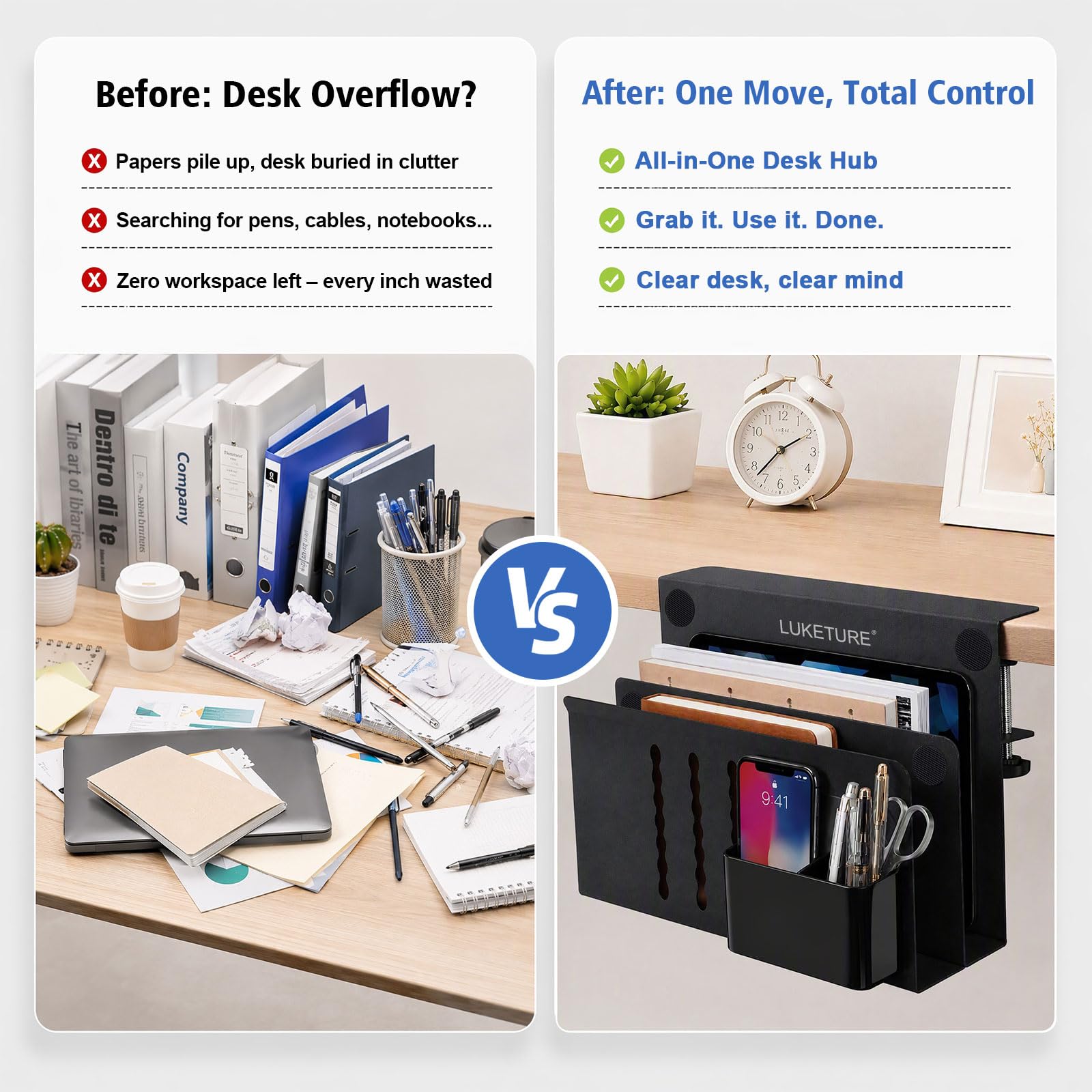 LUKETURE Desk Side Storage, 2 Tie Laptop Holder No Drill Clamp On Organizer