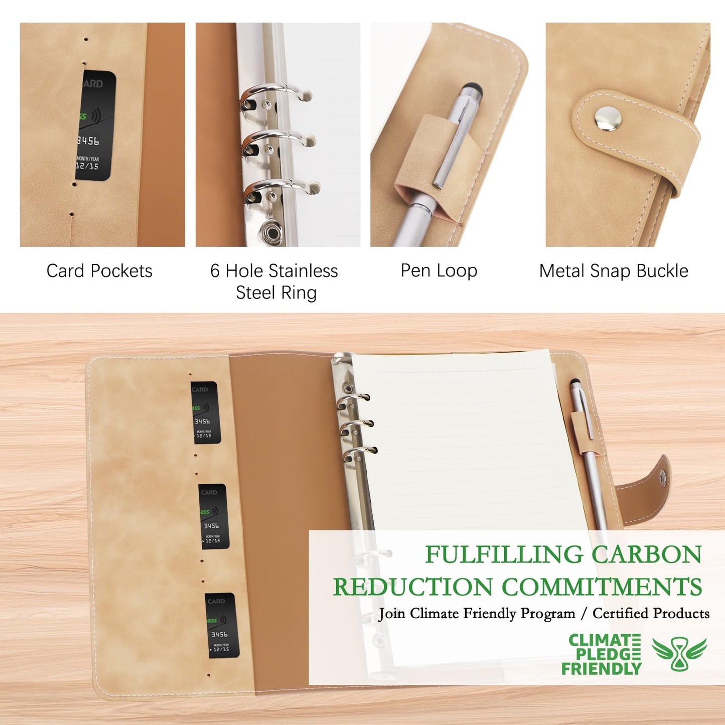 FYY A5 Binder Refillable Planner Notebook 6 Ring, Khaki