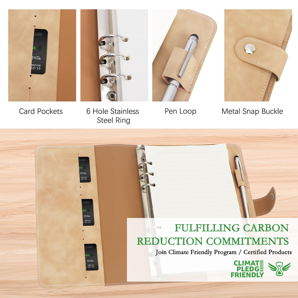 FYY A5 Binder Refillable Planner Notebook 6 Ring, Khaki