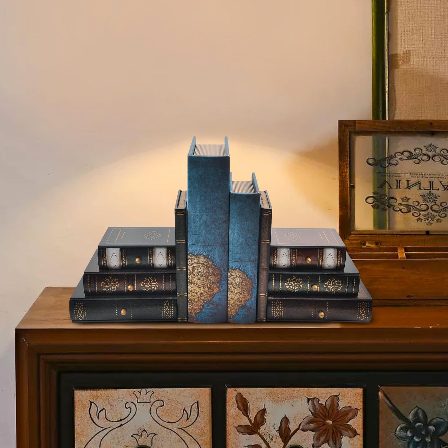 Vintage Wooden Bookends with Drawers – Decorative False Book Shelf Organizer for Home, Office, or