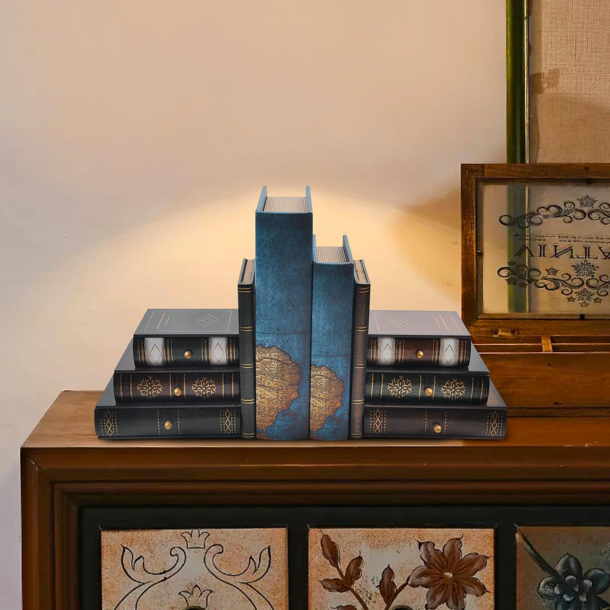 Vintage Wooden Bookends with Drawers – Decorative False Book Shelf Organizer for Home, Office, or