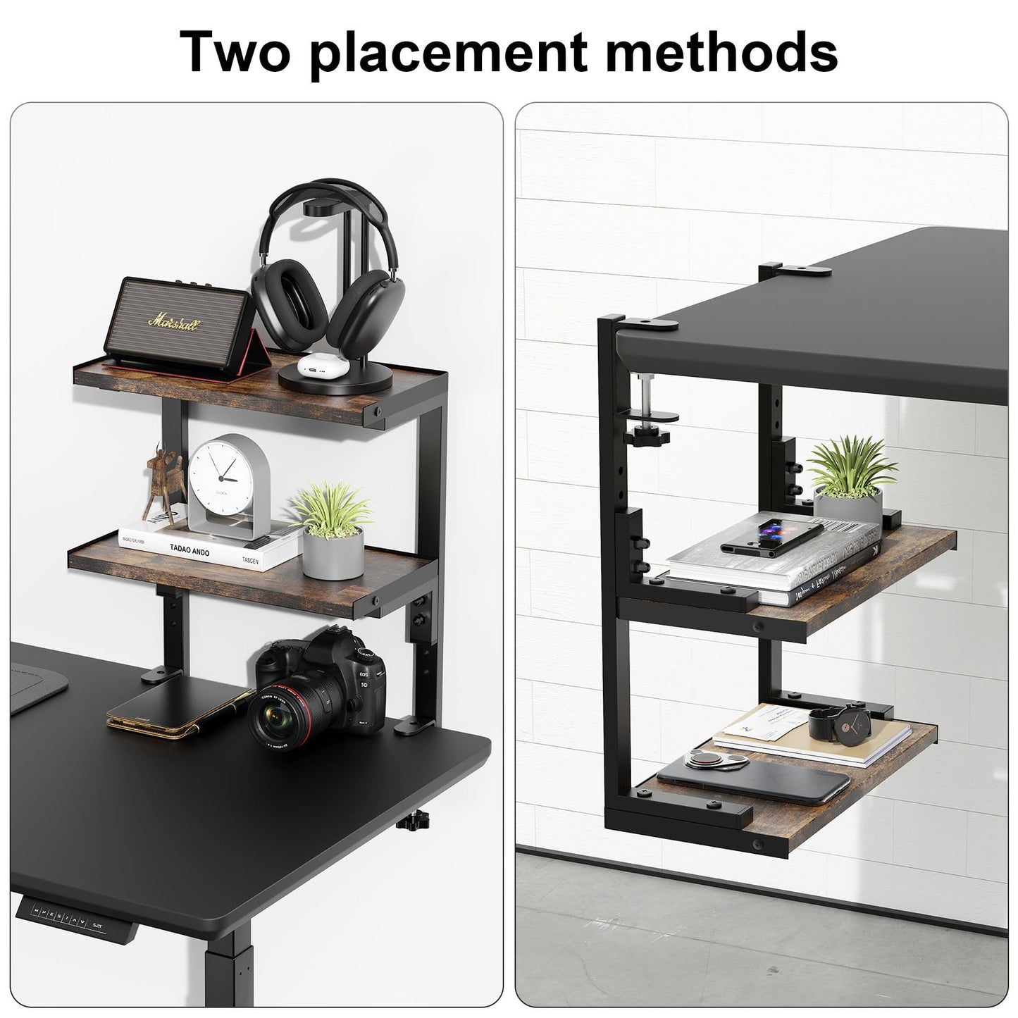 Spacrea Clamp on Desk Shelf, 2 Tier Office Desk Shelves Organizer, Wood Desktop Supplies Storage