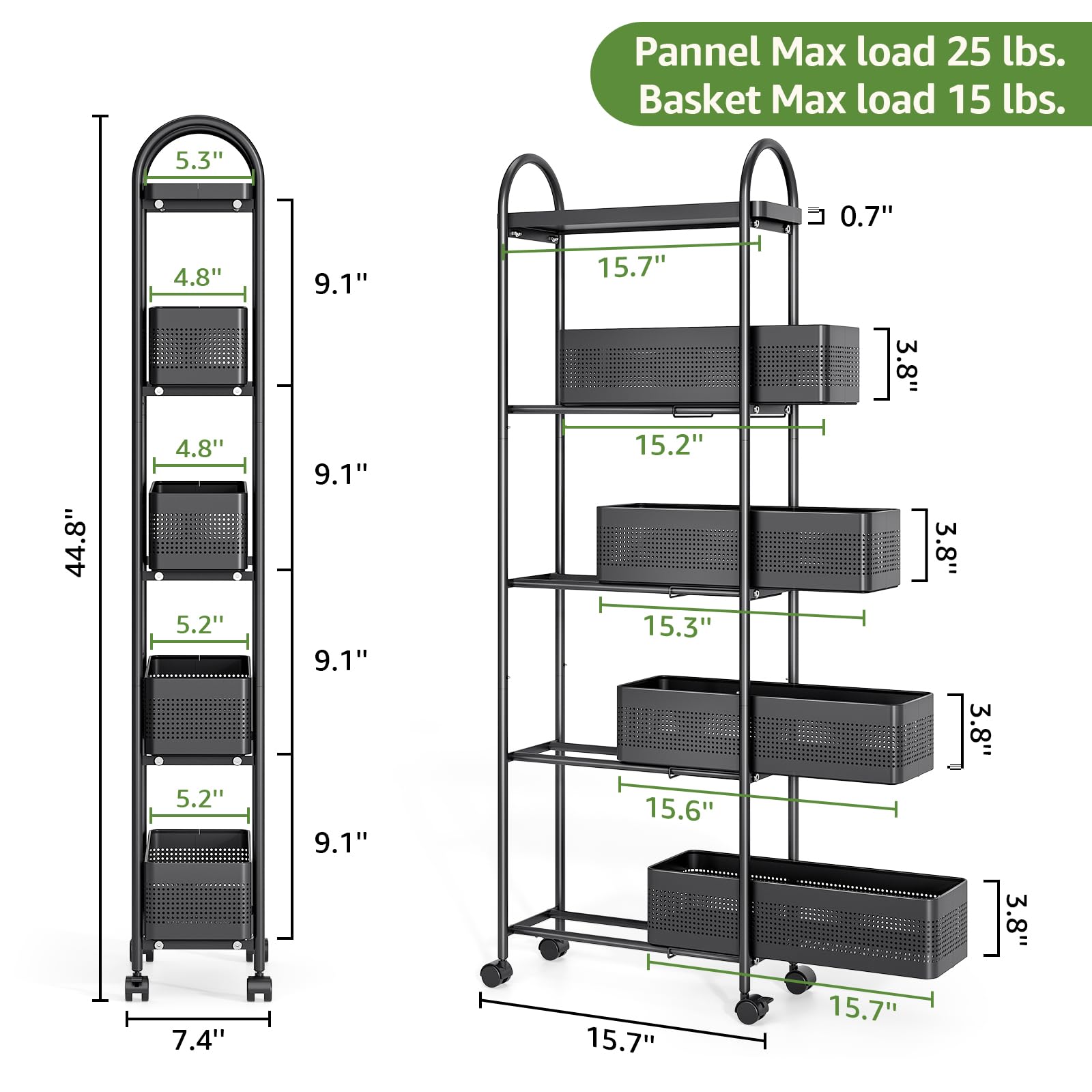 KINGRACK 5 Tier Slim Rolling Cart with Drawer, Metal Utility Storage Cart