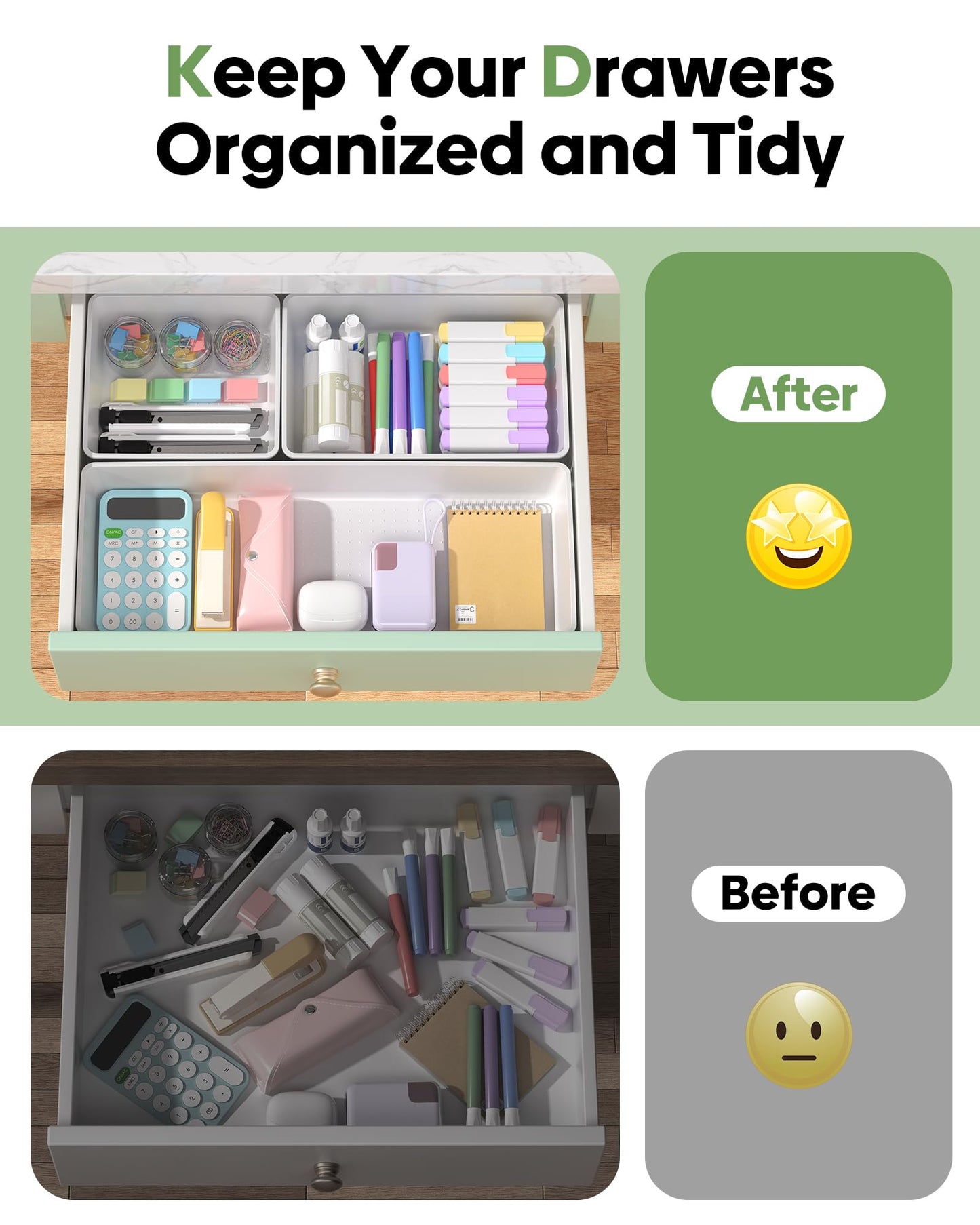 MLIKLU 10 Pack Large Size Plastic Drawer Organizers Set, 3 Sizes Desk Drawer Organizer Trays