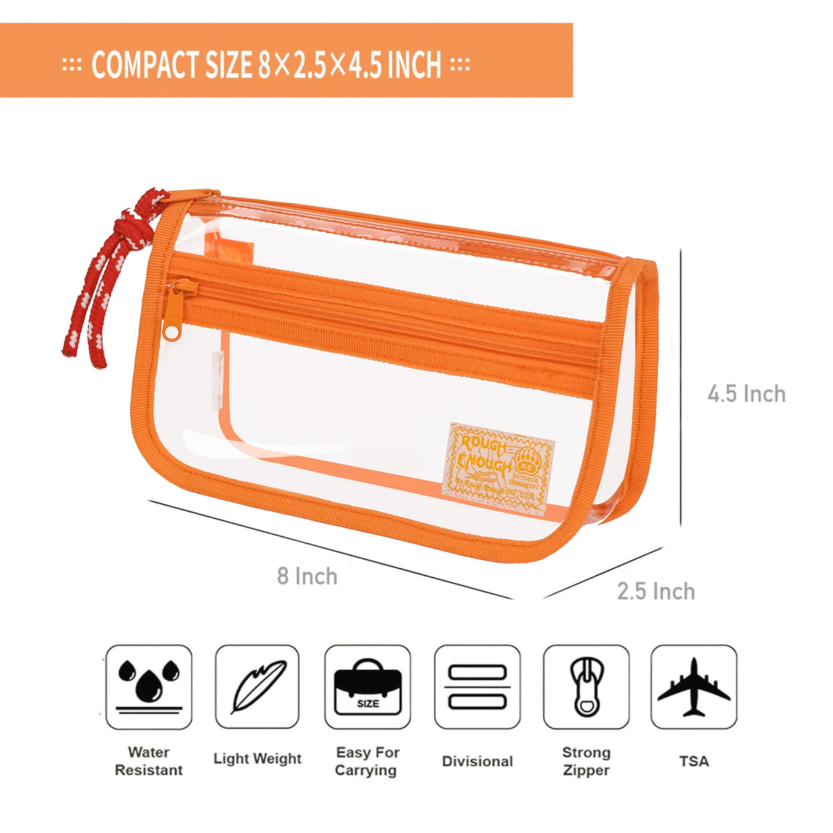 Rough Enough Clear Pencil Case for School, 60+ Pencils Capacity, Orange
