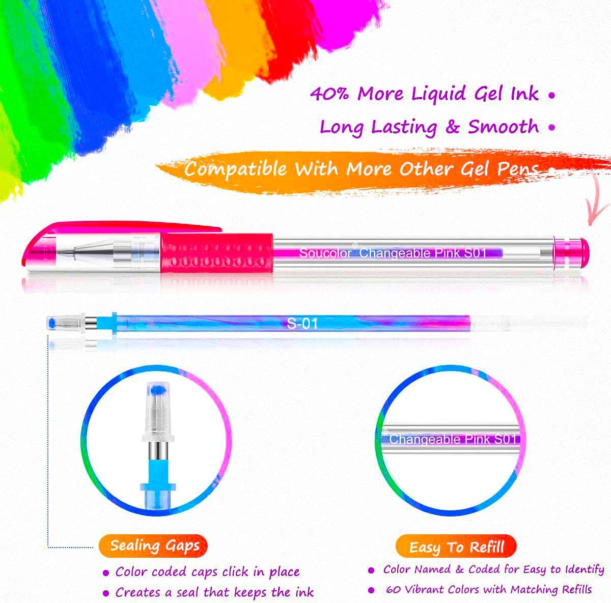Soucolor 120 Gel Pens Set, Metallic Glitter Pastel, Refills,School Supplies