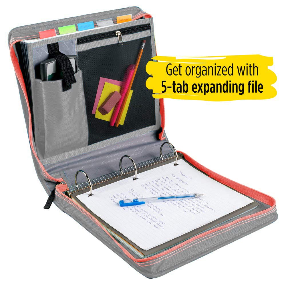 Five Star 2 Inch Zipper Binder, 3 Ring Binder, Expansion Panel, Durable, Gray/Bright Coral