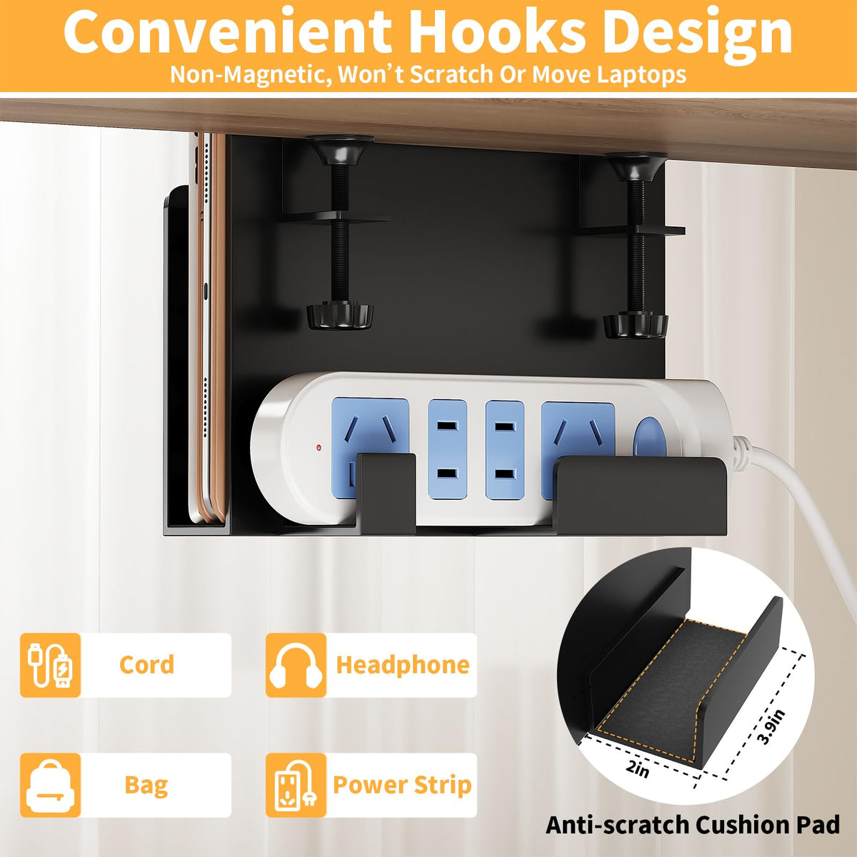 ROLIZOE Space Saving Desk Side Storage No Drilling Under Desk Laptop Holder with Headphone Holder