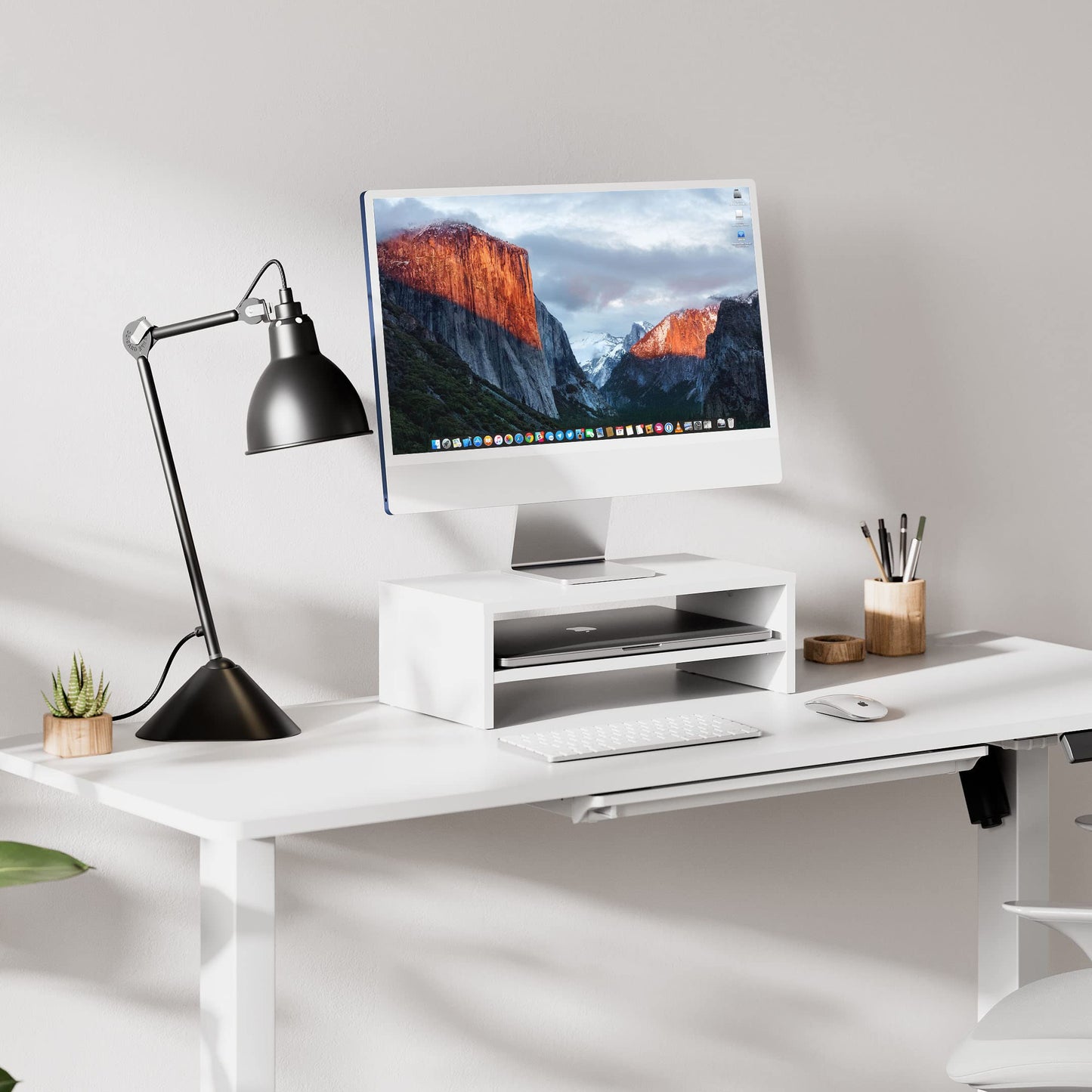 FITUEYES Wooden Monitor Stand Riser, 2-Tier Desk Storage Shelf, White