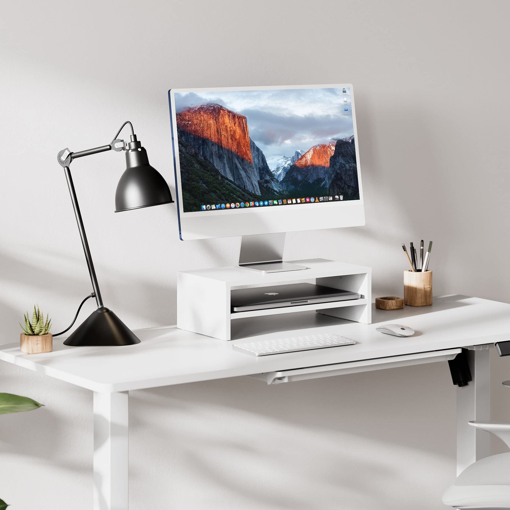 FITUEYES Wooden Monitor Stand Riser, 2-Tier Desk Storage Shelf, White