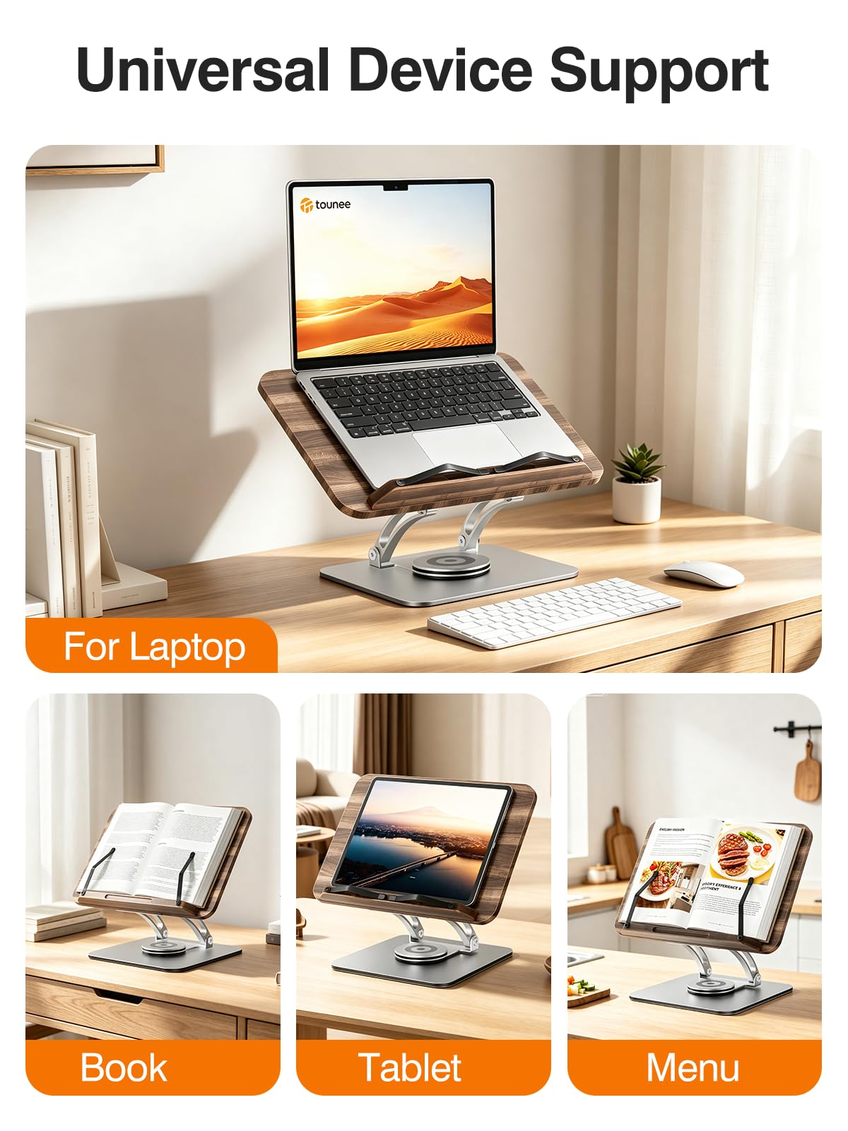 Tounee Adjustable Book Stand with 360° Swivel Base,Bright Silver