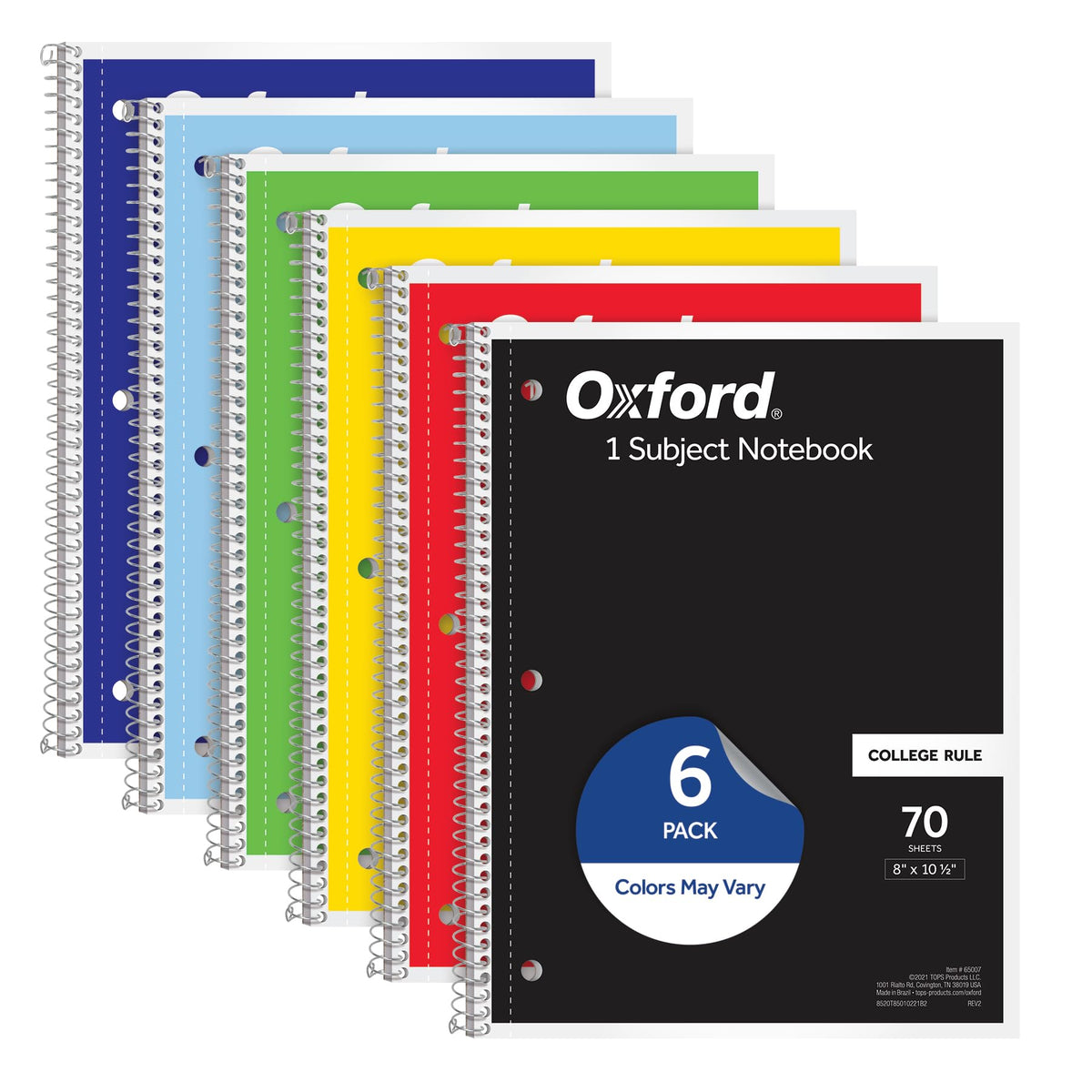 Oxford Spiral Notebook 6 Pack, 1 Subject, College Ruled Paper, 8 x 10-1/2 Inch, Color Assortment