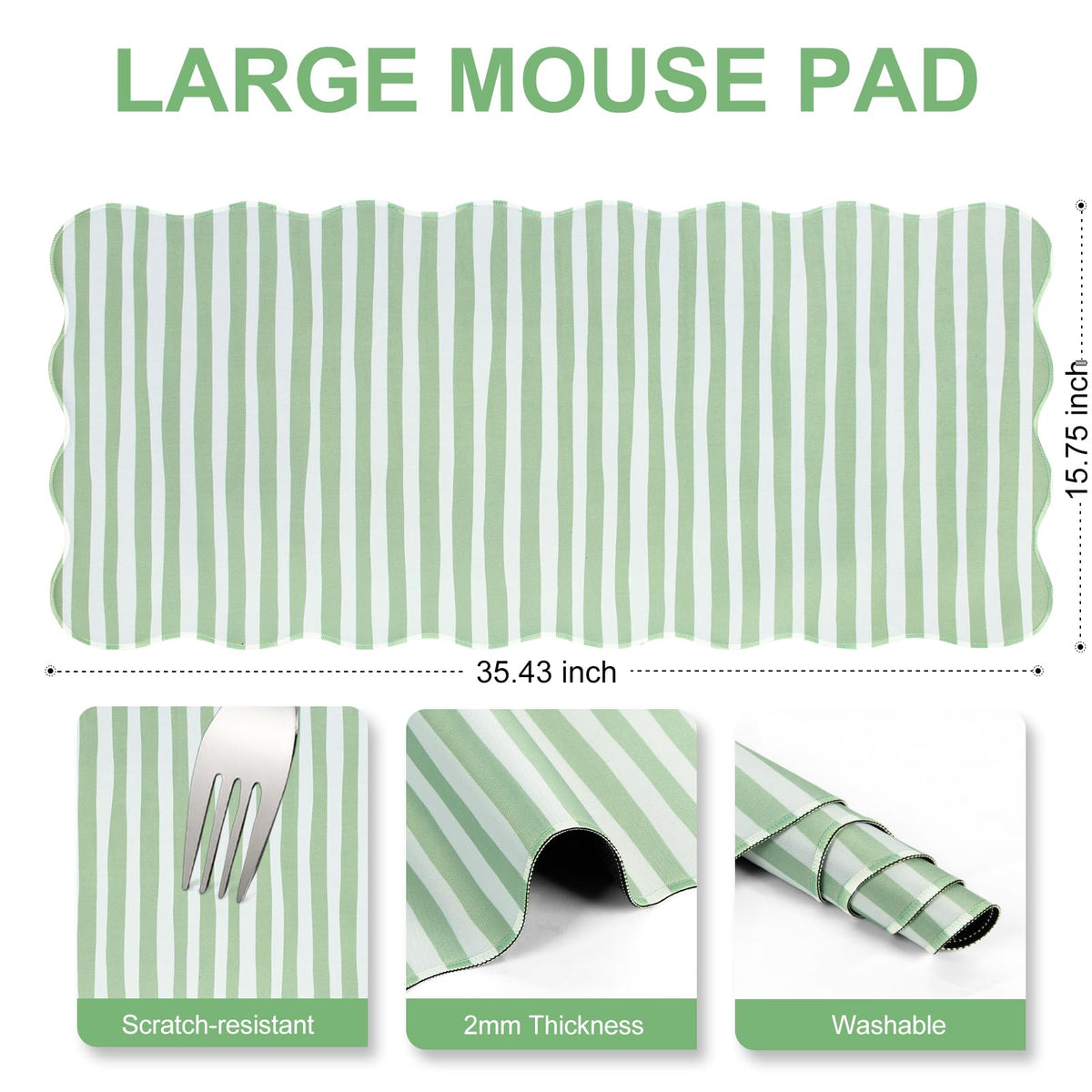 L-SPOUTTO Green Striped Mouse Pad,Scalloped Desk Mat XXL Large Geometric Gaming