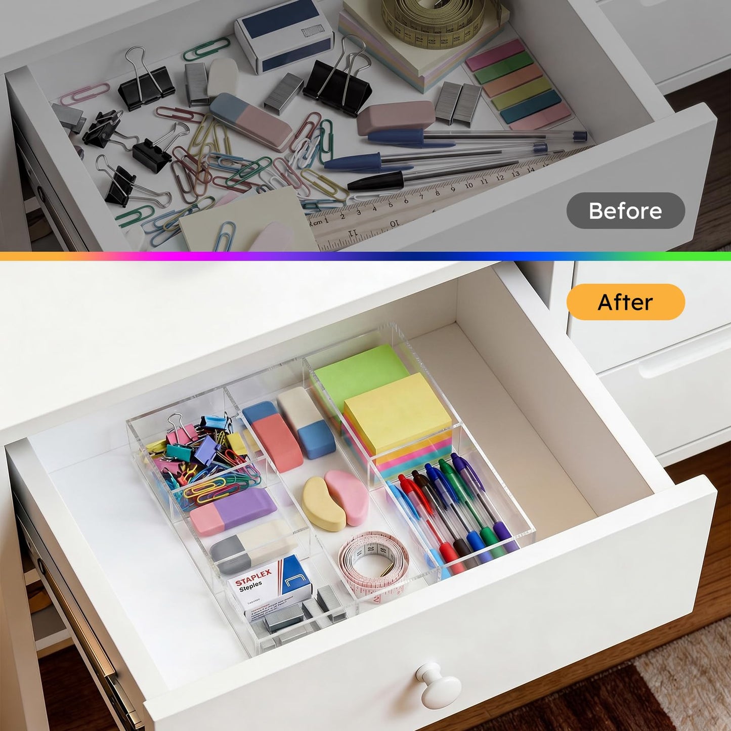 HIIMIEI Acrylic Drawer Organizer, 6 Section Clear Makeup Tray Organizer for Drawer Office
