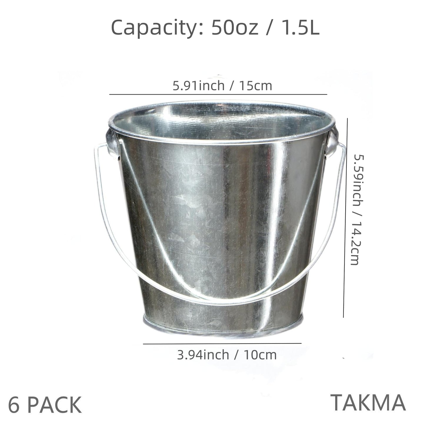 TAKMA Galvanized Tin Metal Buckets with Handle, 6 Pack 5.91 Inch Iron Pail, Easter Bucket,Pencil