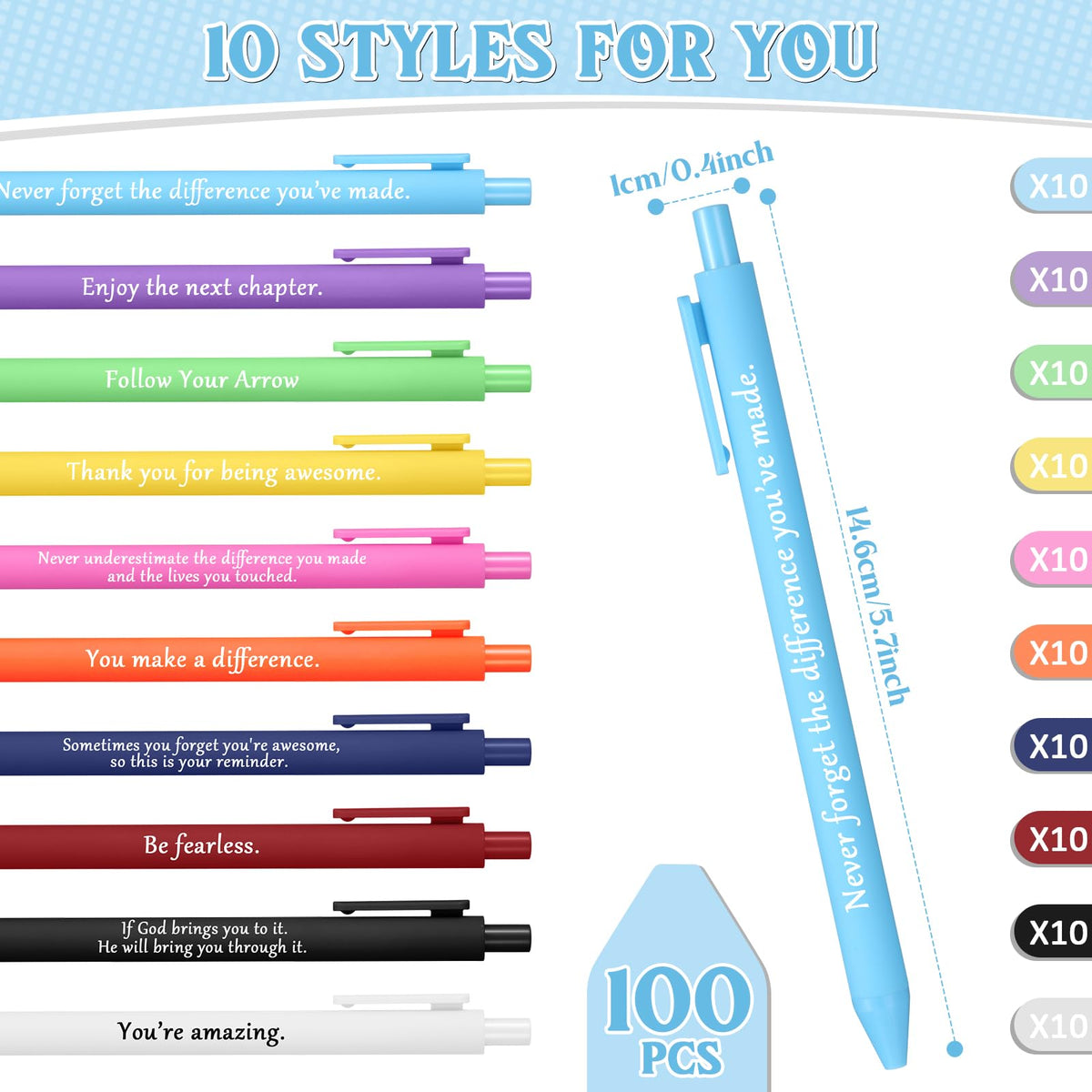 Teling 100 Pcs Inspirational Pens Bulk, Classic Colors, Classic Style
