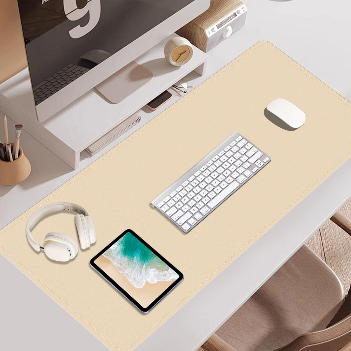 BLESWIN Large Desk Pad 35.4"" x 17"", Non-Slip Desk Mat with PU Leather & Natural Cork, Waterproof
