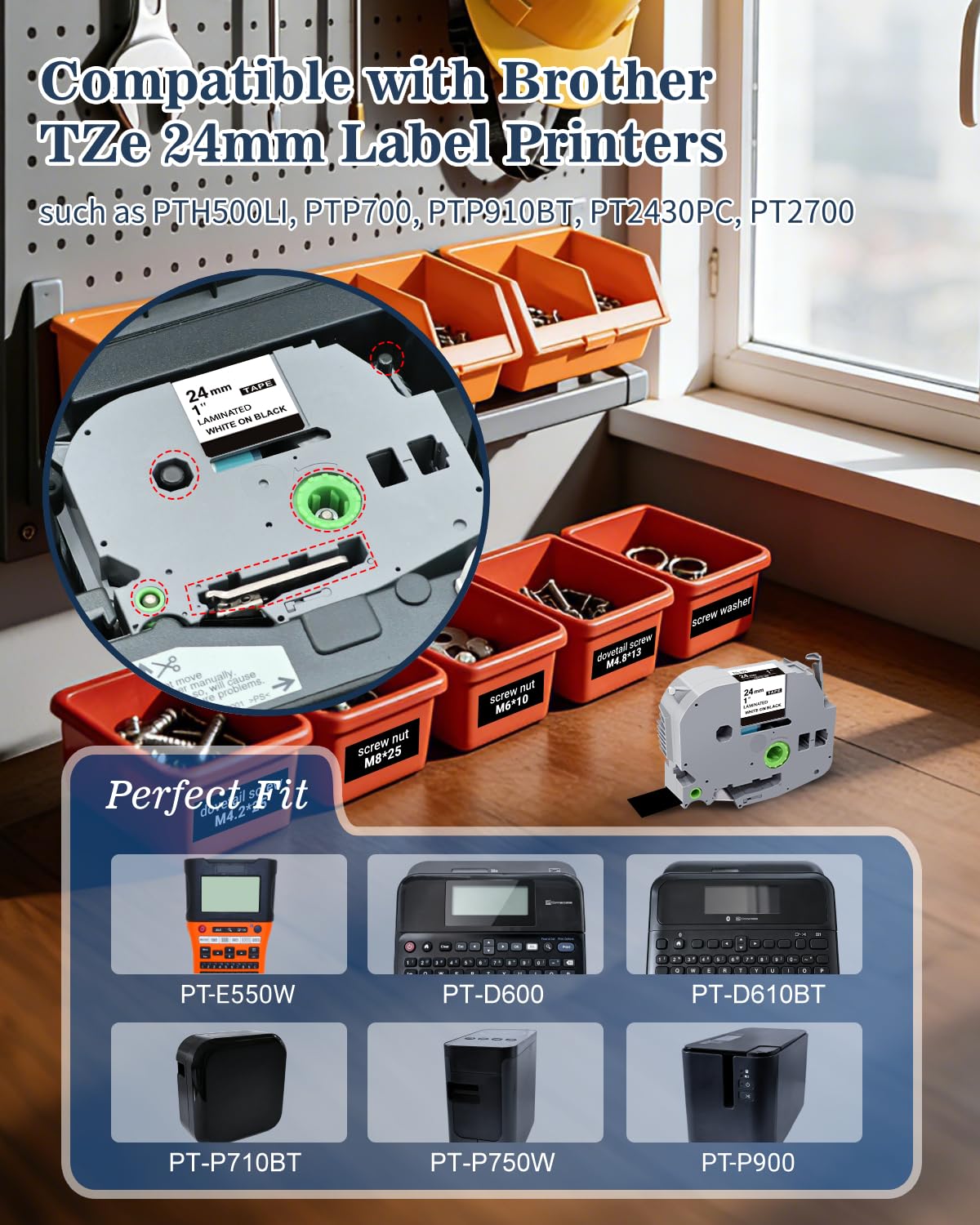 TZe-355 24mm 0.94 White on Black Compatible with Brother P Touch PT-D610BT