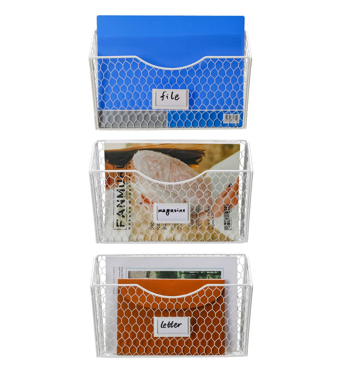 PAG-Mass 3 Pockets Hanging File Holder Wall Mount Mail Organizer Metal Chicken Wire Magazine Rack