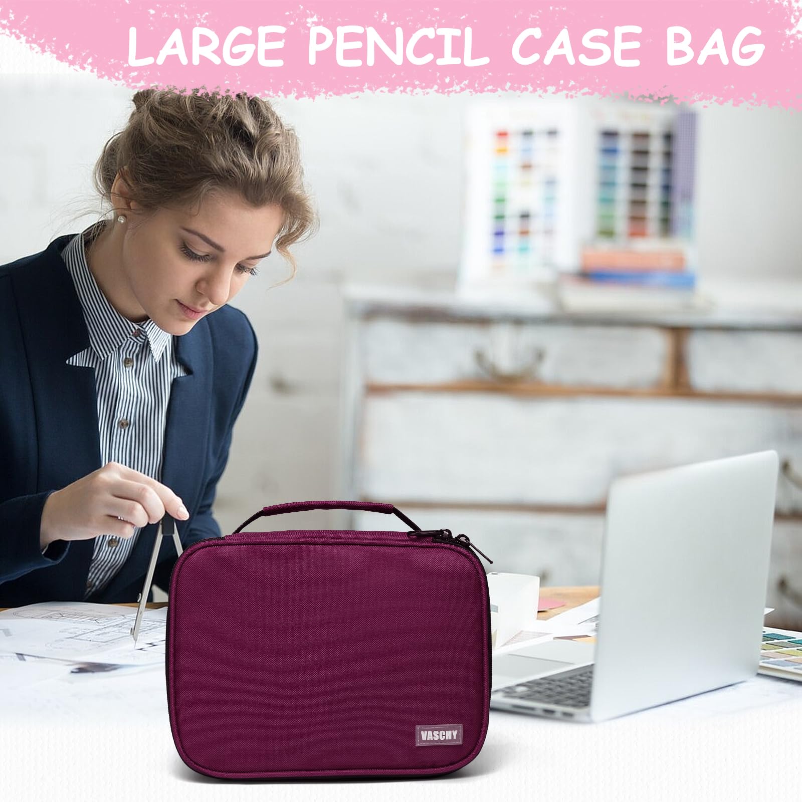 VASCHY Large Pencil Case, Art Color Pencils Pouch with Detachable Layers Multiple Zip Pockets for