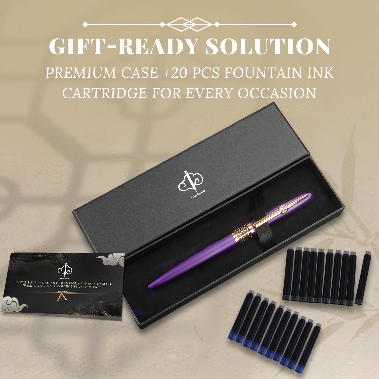 YUNCHUN Refillable Fountain Pen Fine Nib, Fancy Ink Pen with 10 Black & 10 Blue Ink Refills
