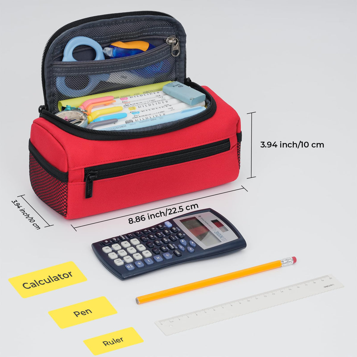 ECHSRT Large Pencil Case Organizer, Big Capacity U-Shaped Pen Pouch, Red