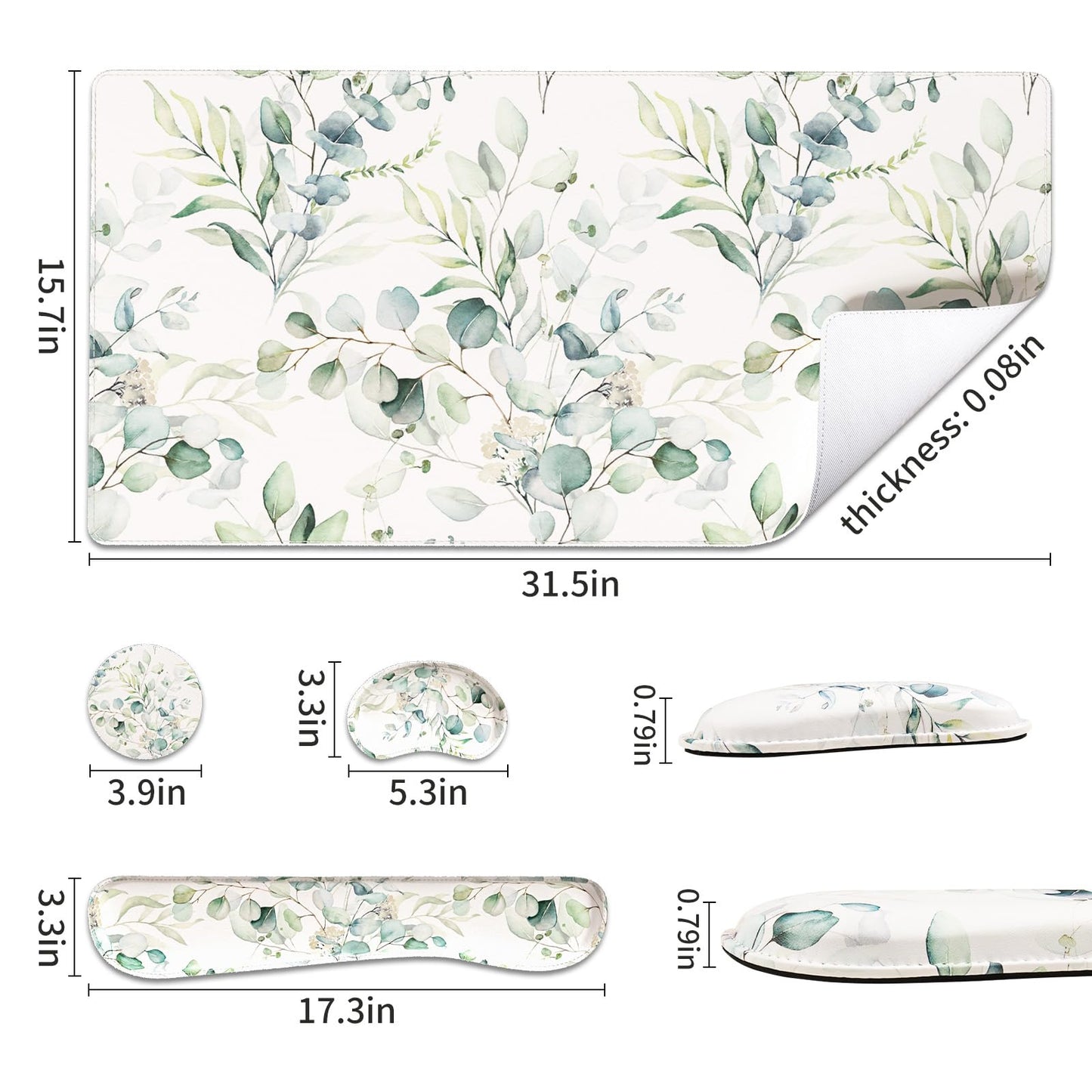 QiyI PU Leather Desk Mat Set, 4-in-1 Ergonomic Wrist Rest, Eucalyptus