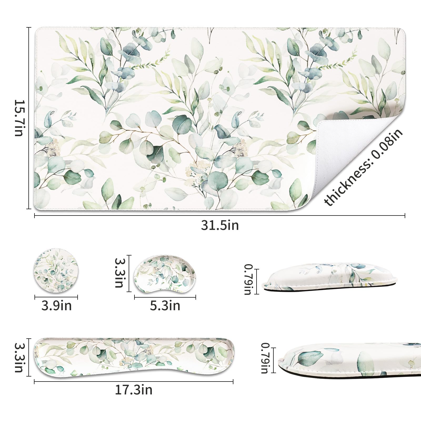 QiyI PU Leather Desk Mat Set, 4-in-1 Ergonomic Wrist Rest, Eucalyptus