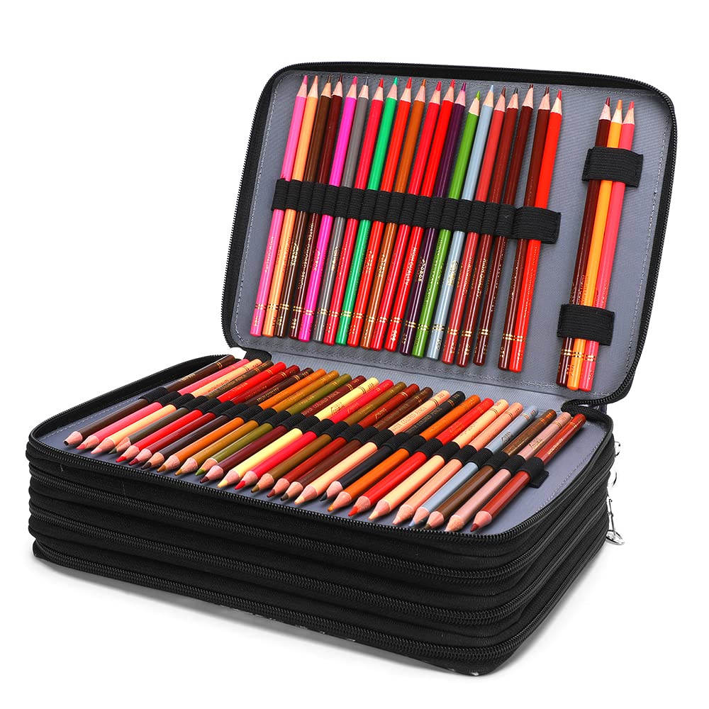 Vomgomfom 200 Slots Pencil Case 4-Layer PU Leather, Handle, Black
