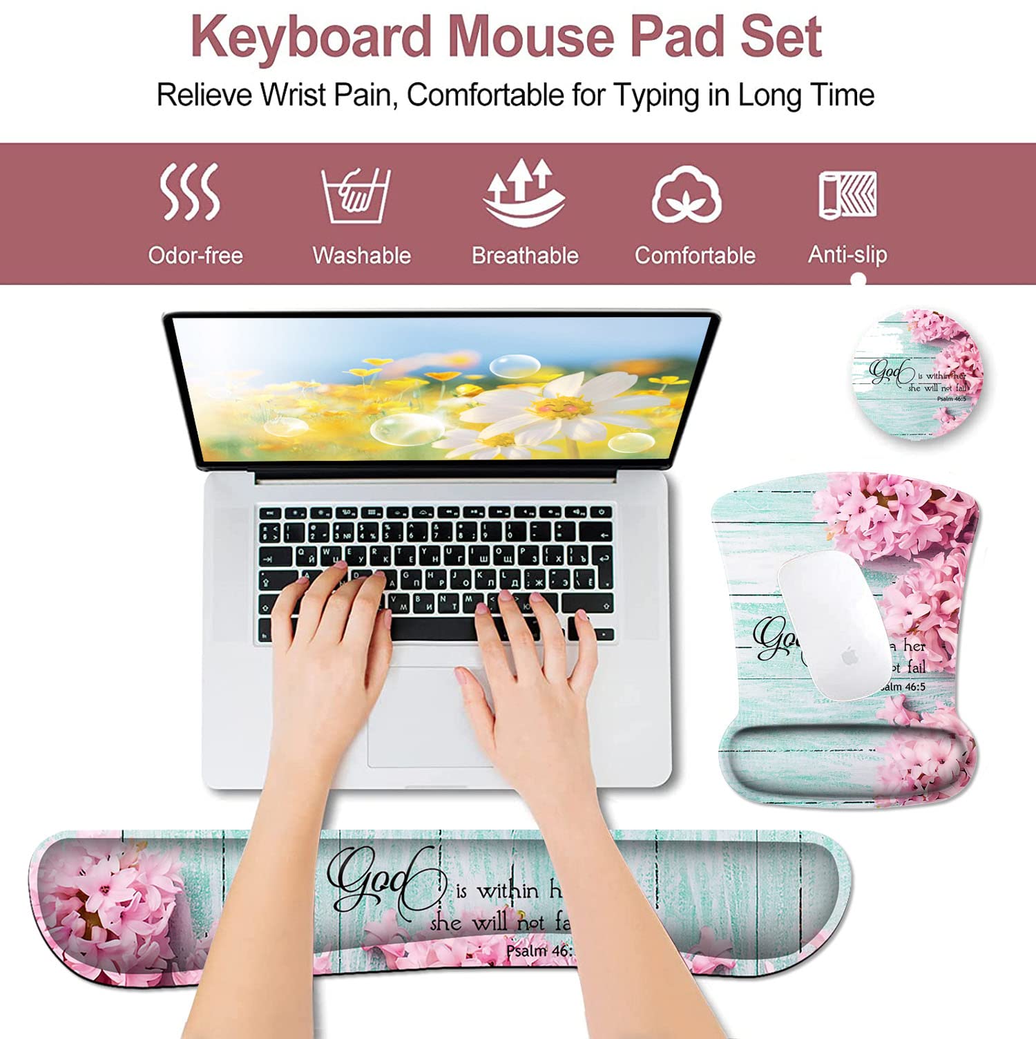 Mouse Pad with Wrist Support, Ergonomic Gel Mouse Pad Beautiful Flowers,Non-Slip Durable, Memory