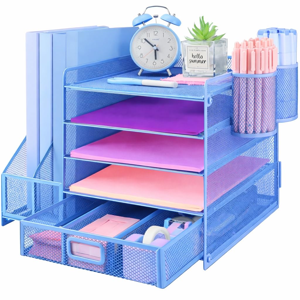 ideallife Desk Organiser with 2 Pack Magazine File Holder, 5-Tier Paper Tray Organiser with Drawer