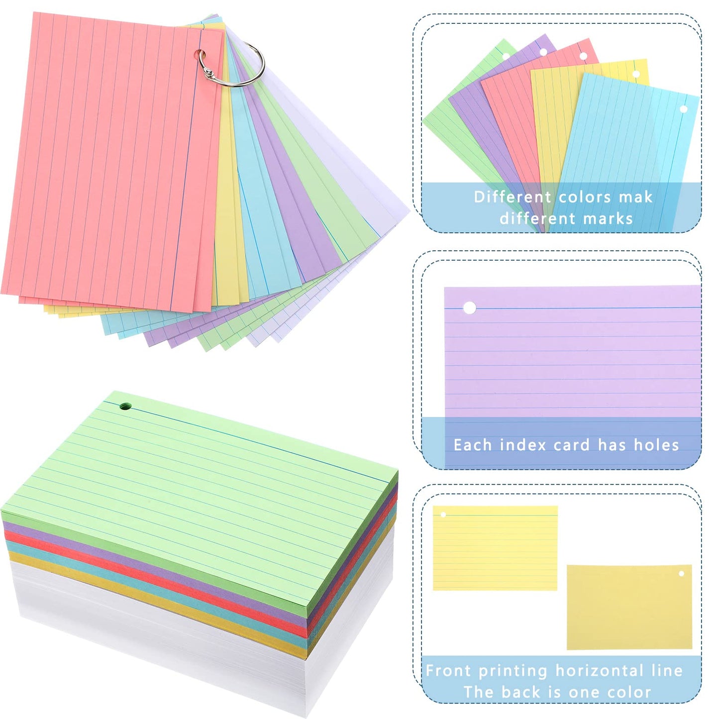 Epakh 300 Pcs Index Cards with Rings, 4 x 6 Inch, Light Color