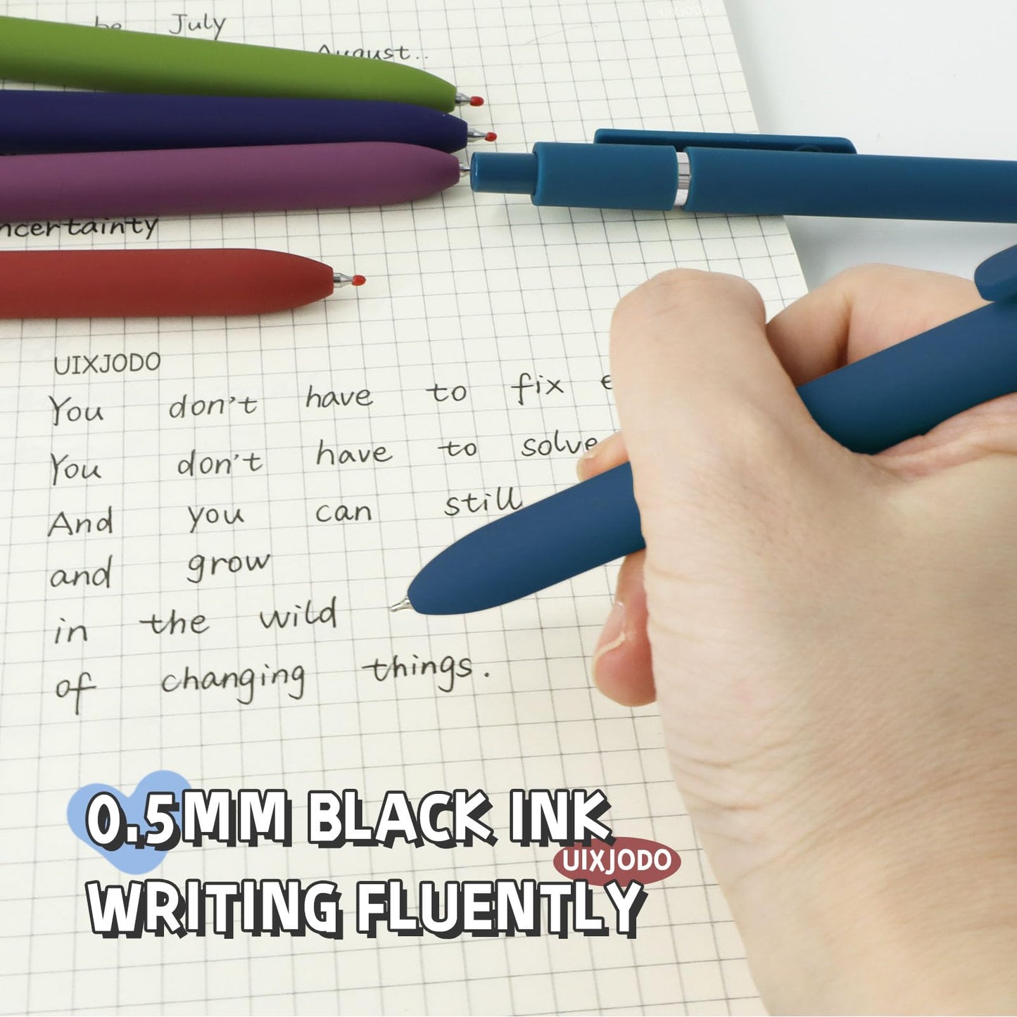 UIXJODO Gel Pens, 10 Pcs 0.5mm Black Ink Pens Fine Point Smooth Writing Pens with Silicone Grip