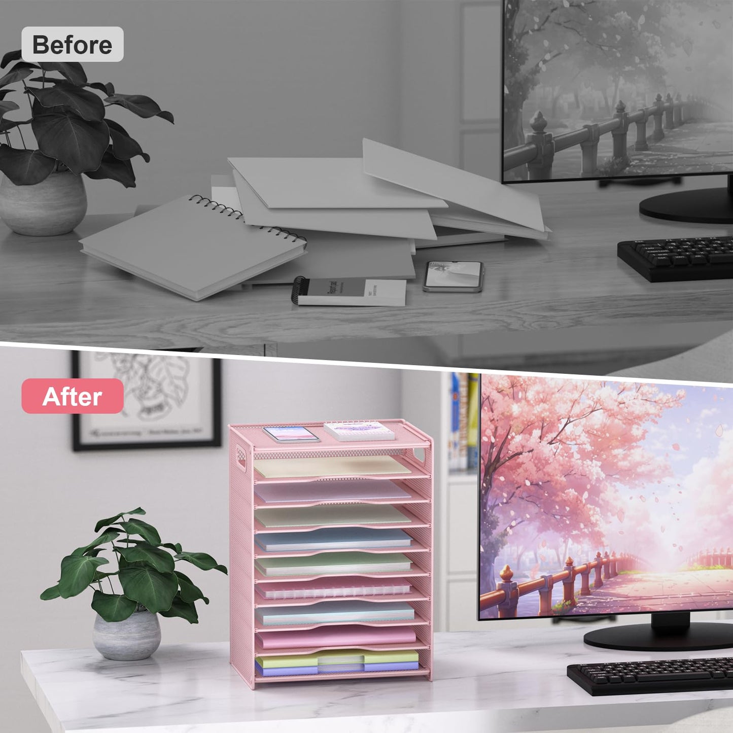 OUTWOLF 10 Tier Paper Organizer - Letter Tray Mesh Desk File Organizer with Handles for Office