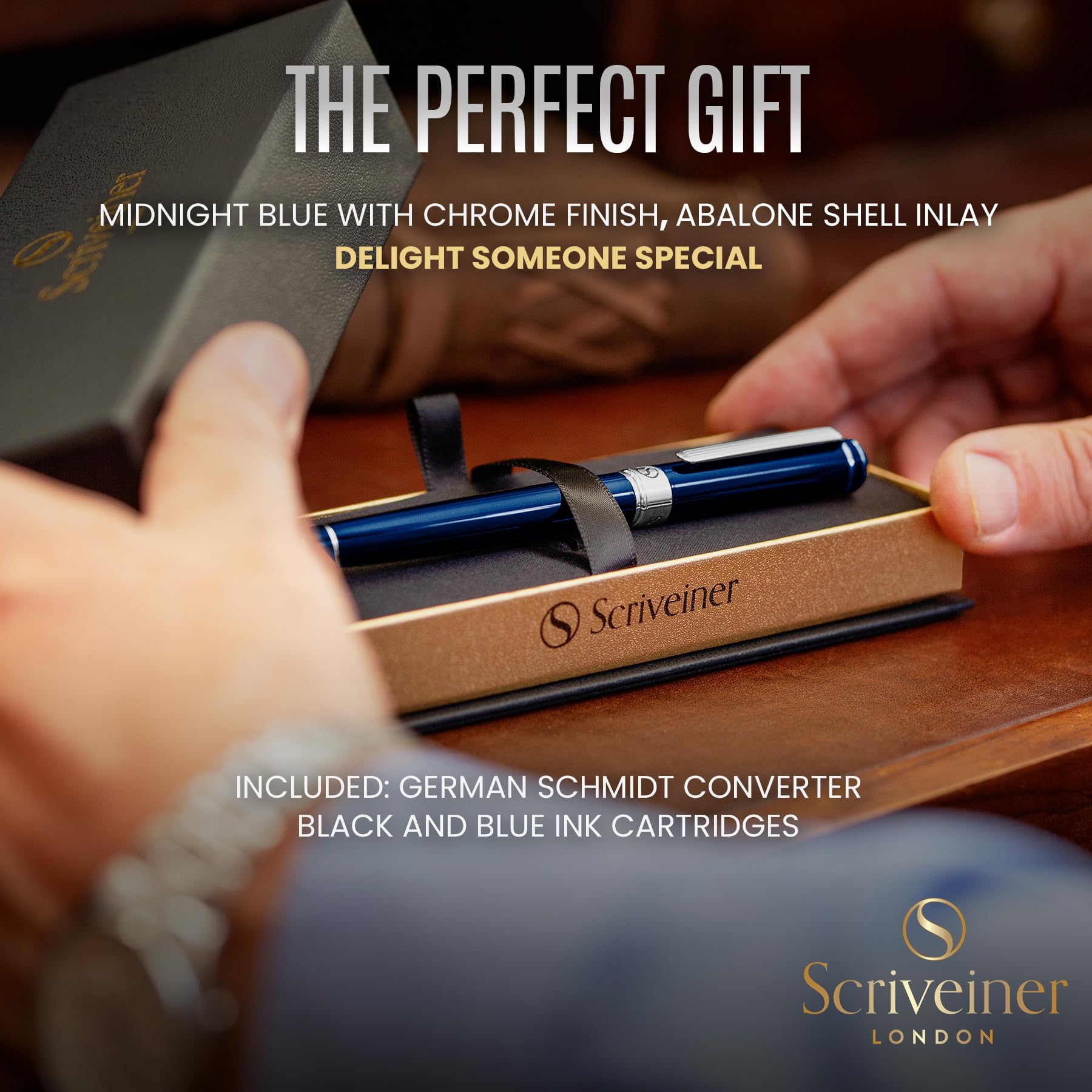 Scriveiner Midnight Blue Fountain Pen - Stunning Luxury Pen with Chrome Appointments, Schmidt Nib