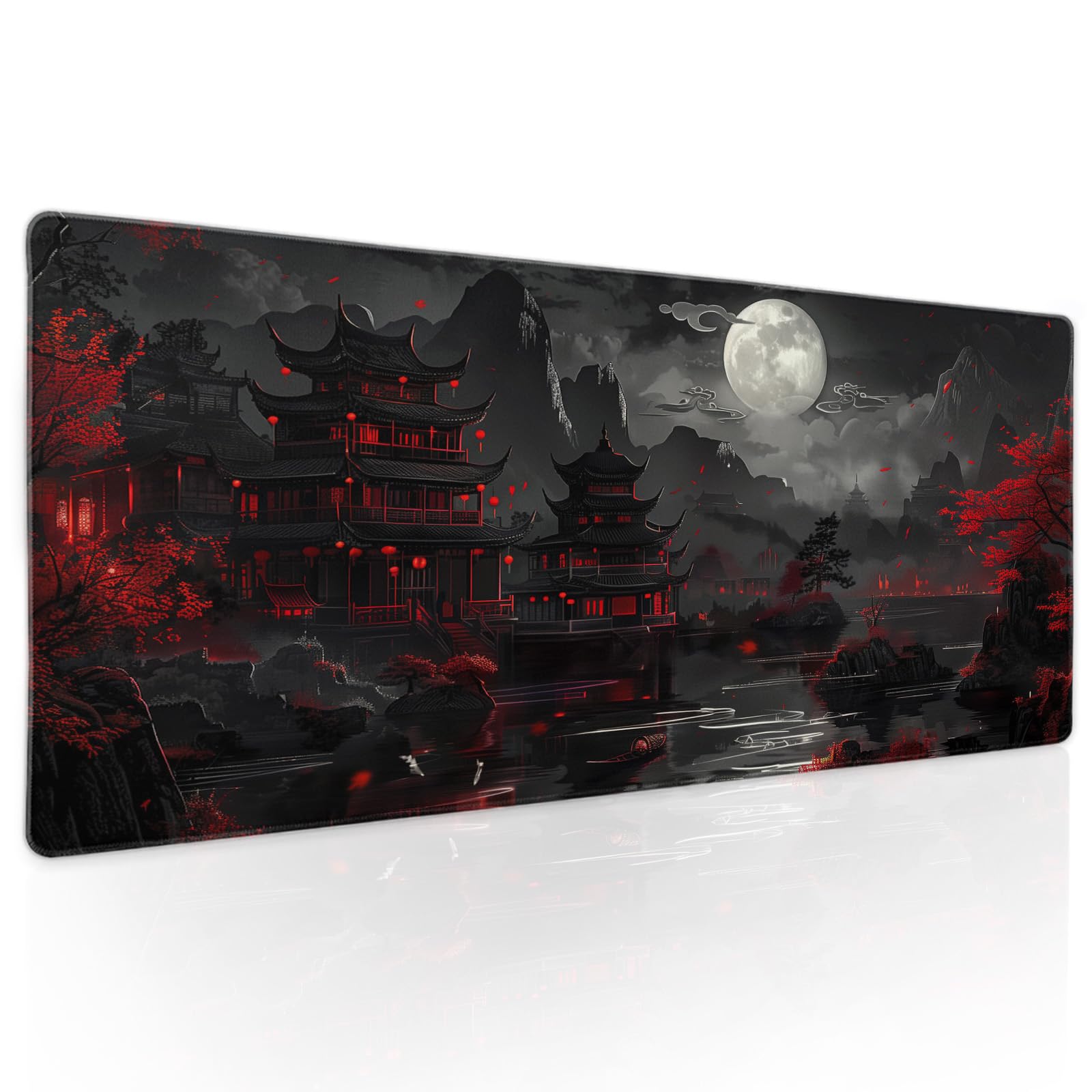 Full Moon Night Gaming Mouse Pad XLBlack Red Mountain Japanese Extended Large Mat Mousepad Desk Pad