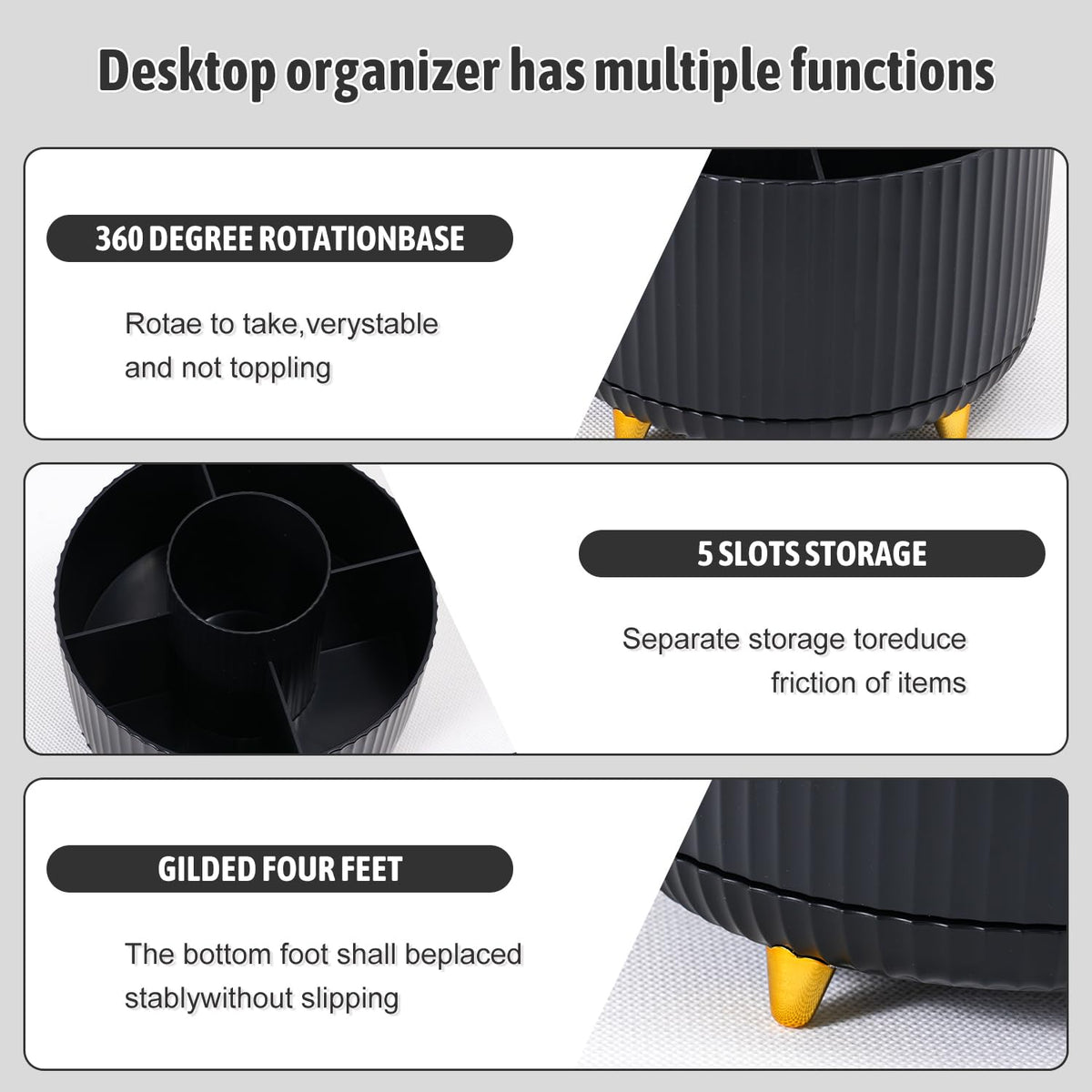 Gawsey Black Desk Organizers and Accessories with Desk Organizer 360° Rotating Pen Holder and