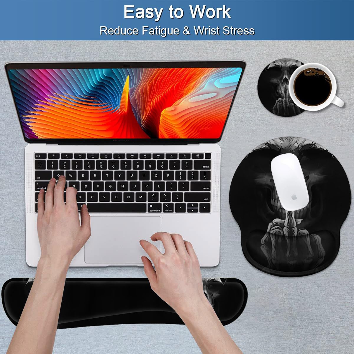 Keyboard Wrist Rest and Mouse Pad Wrist Support Set with Coasters, Non-Slip PU Base Ergonomic