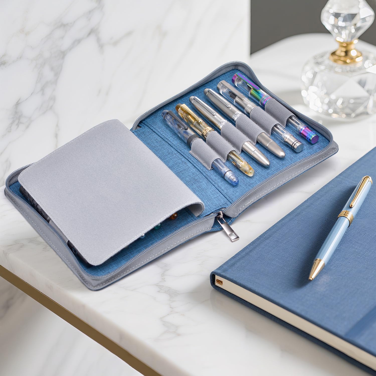 Asvine 12 Fountain Pen Case Blue Organizer Bag - Premium Waterproof Canvas Pen Display Holder