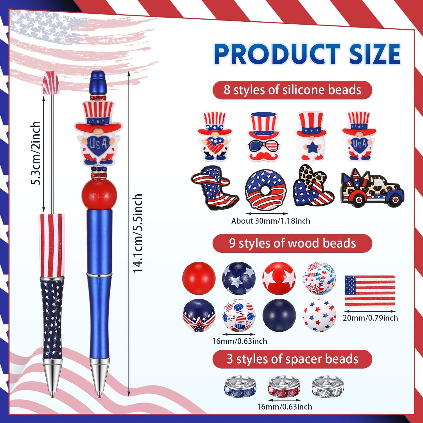 Geyee 12 Set Plastic Beadable Pens Assorted Bead DIY Pens, American Flag