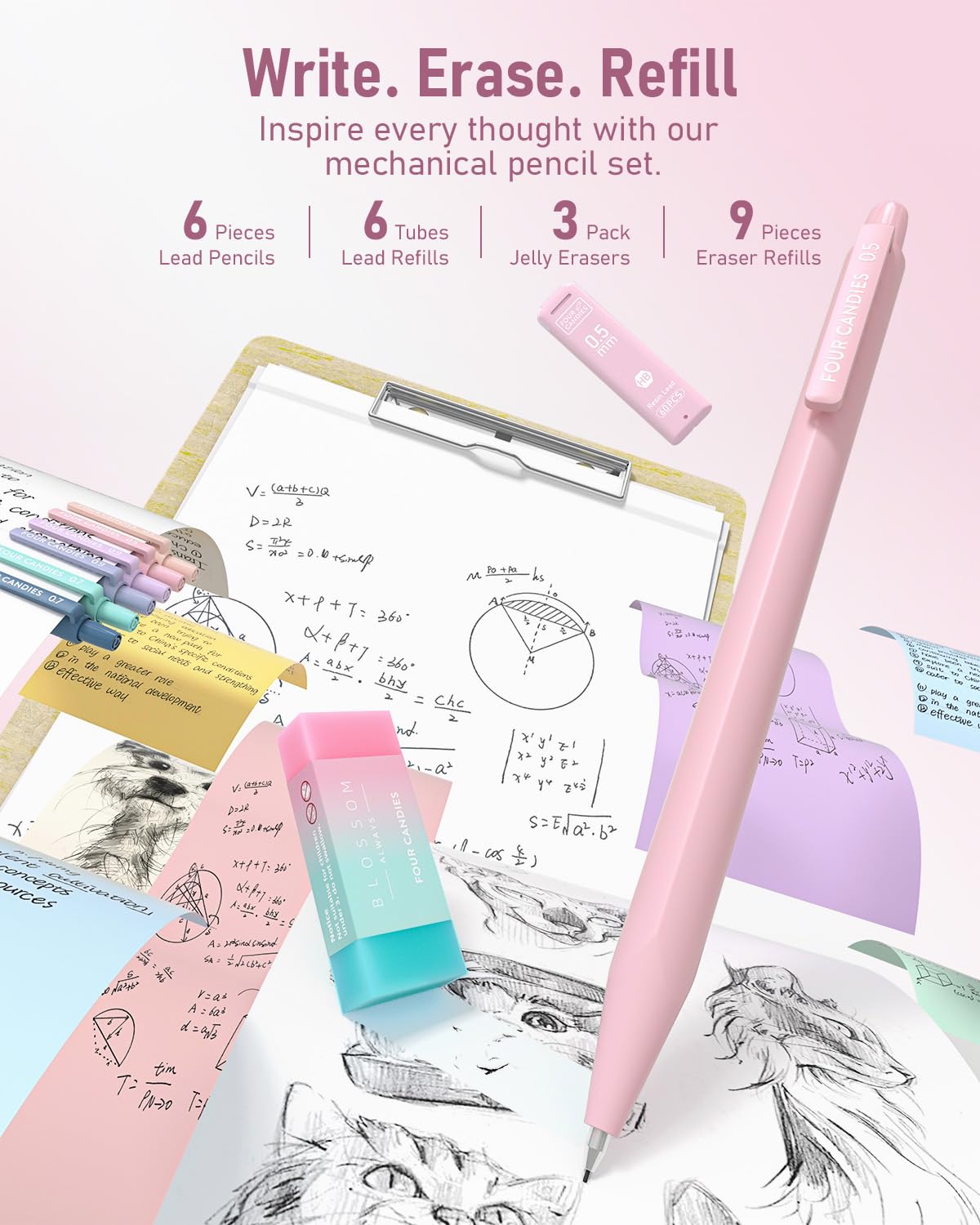 Four Candies School Supplies with Cute Pencil Case, 39ct, Pink