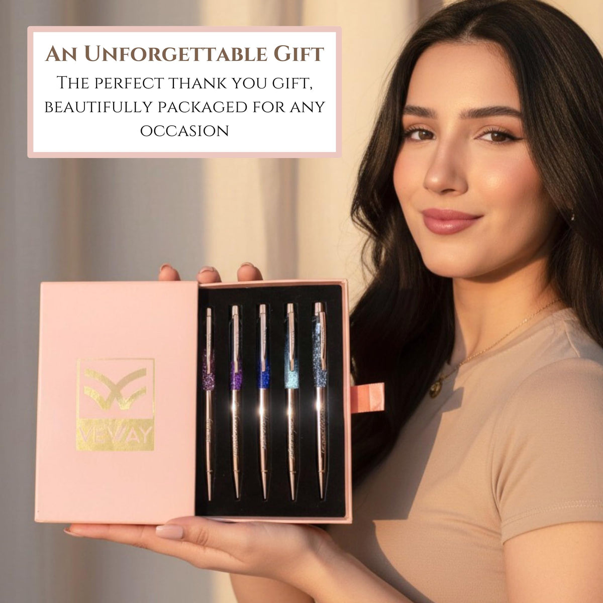 Veway Luxury Pens for Women, 5 Glitter Rose Gold Writing Pens, Black Ink