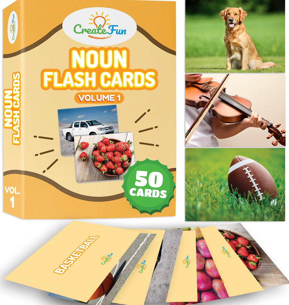 CreateFun 50 Noun Flash Cards, Fun Vocabulary Builder for Speech Therapy