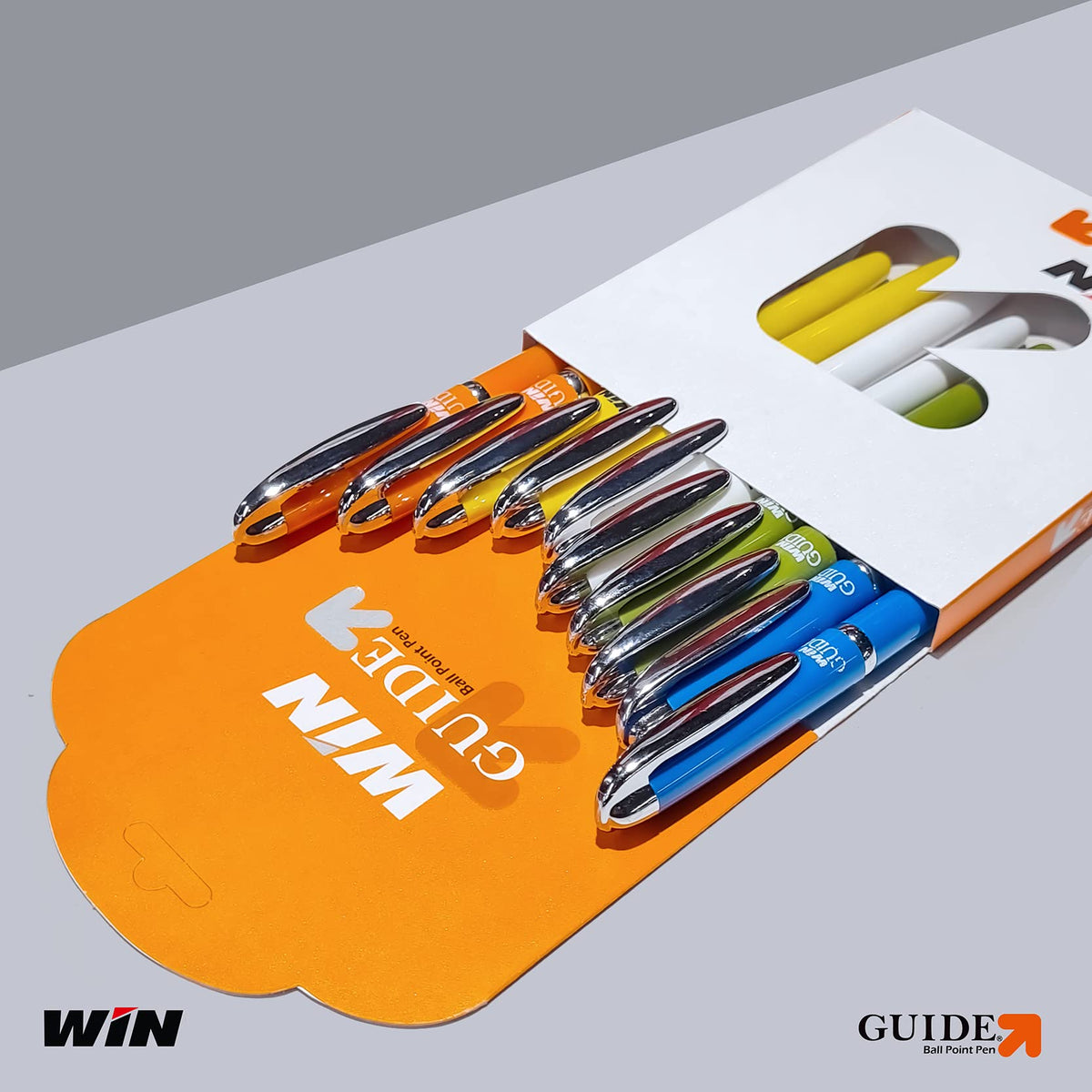 WIN Guide Ball Pens | 10 Blue Ink Pens | 0.6 mm Tip | Smooth Writing | Lightweight Multicoloured