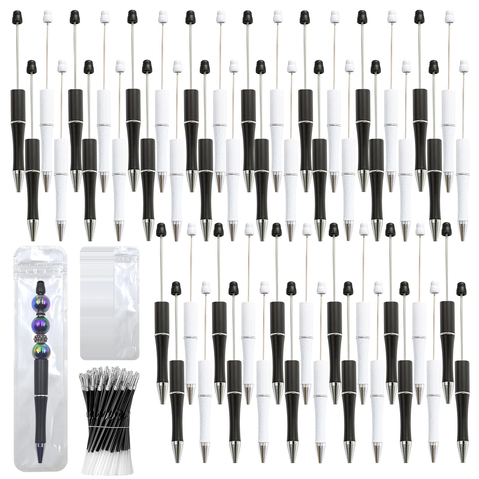 DASTTUIS 150 Pieces DIY Beadable Pen Kit – 50 Plastic Ballpoint Pens with Refills & Bags – School