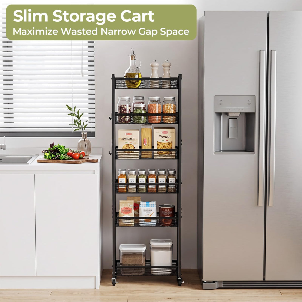 Delamu 6 Tier Slim Storage Rolling Cart, Utility Metal Narrow Cart 7.1" W