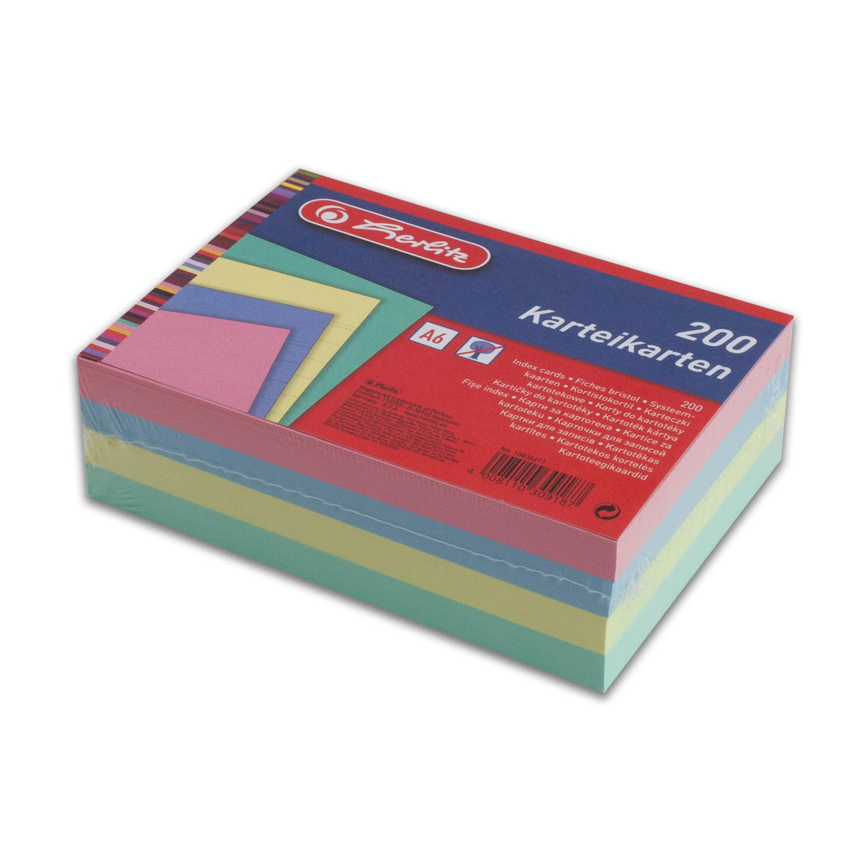 Herlitz A6 Flash Cards – Pack of 200, Lined Revision Cards in Assorted Colours for Studying
