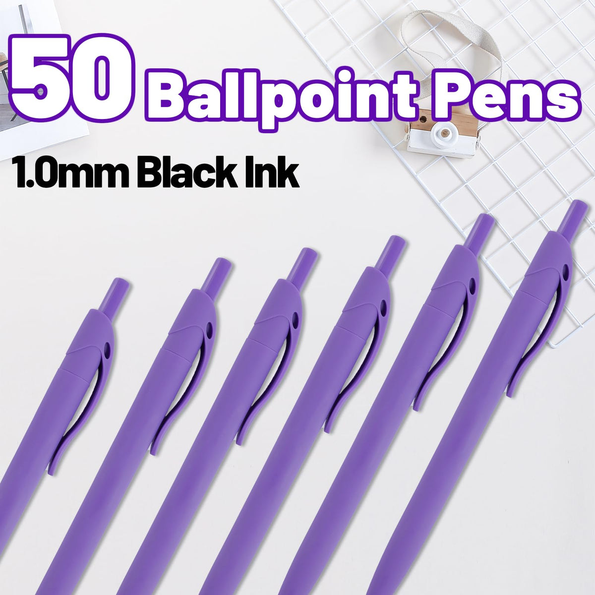 Wiaziert BallPoint Pens, 50 Pack (BLACK Ink),Bulk Pens, Dark Purple Barrel,Click Pens for Office