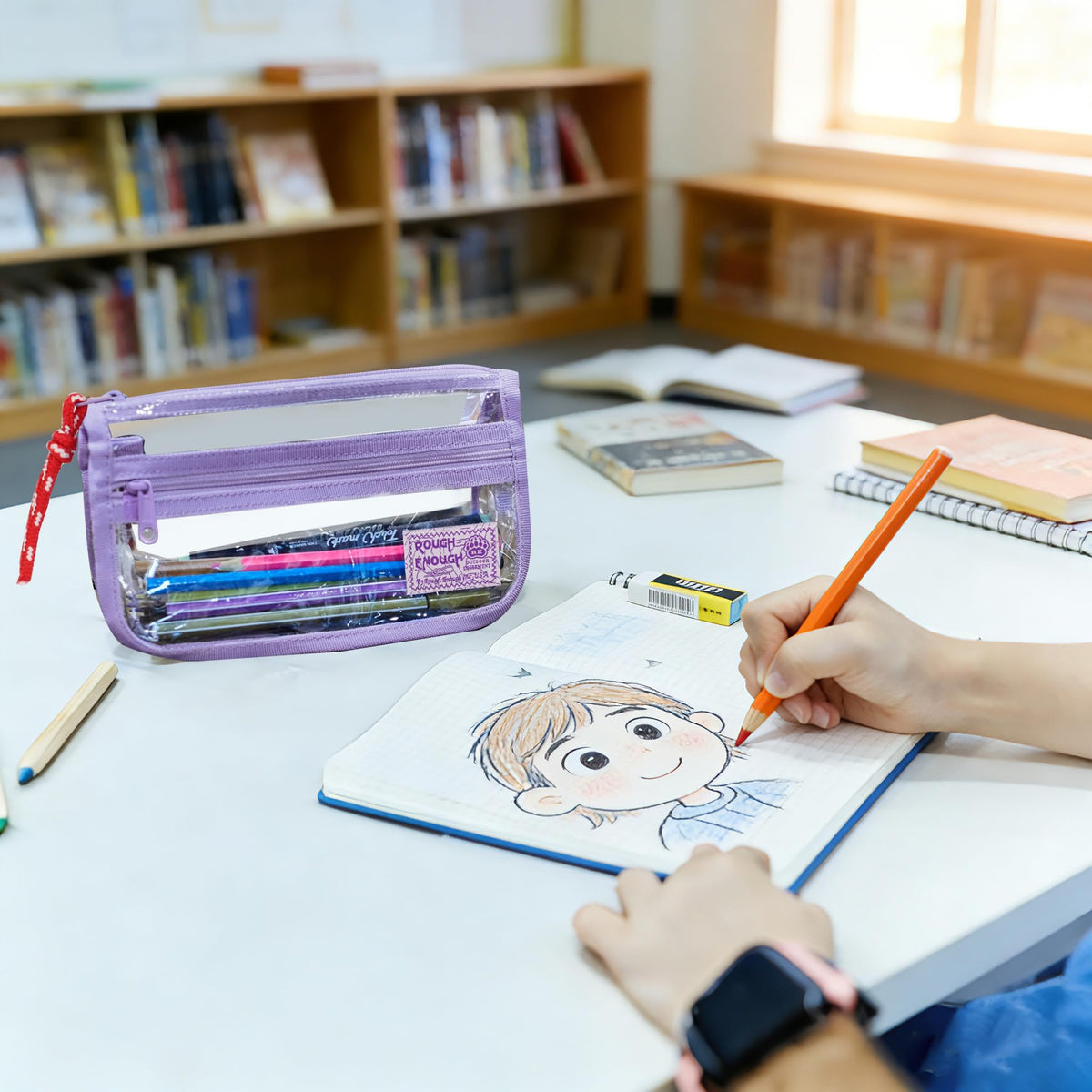 Rough Enough Clear Pencil Case for School, 60+ Pencils Capacity, Purple