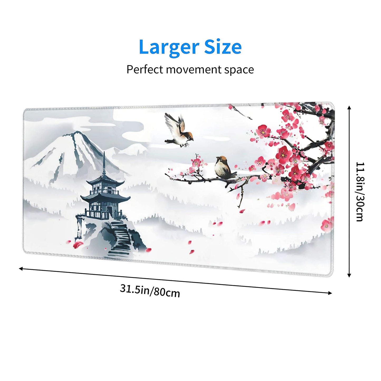 Japanese Pagoda Cherry Blossom Gaming Mouse Pad XL Birds Sakura Branch Mountain Extended Large Desk